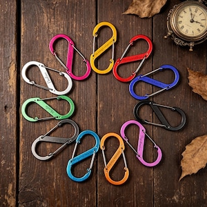 Könnte beinhalten: Eine Sammlung von elf S-förmigen Karabinerhaken in verschiedenen Farben wie Pink, Gelb, Rot, Blau, Grün, Schwarz und Orange. Jeder Metallkarabiner verfügt über einen Federverschluss und einige sind mit Namen oder kurzen Sätzen graviert.