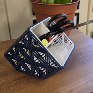Peut inclure: Un organiseur de bureau géométrique bleu marine et blanc avec plusieurs compartiments. Il contient des ciseaux, des stylos et d'autres fournitures de bureau. Une plante serpent dans un pot marron est en arrière-plan.