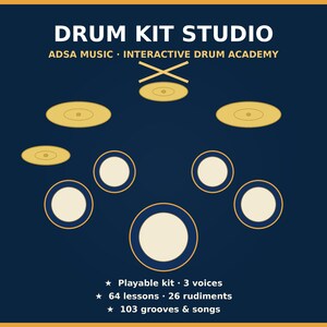 Aplicación interactiva para aprender a tocar la batería / 64 lecciones de batería, puntuación para tocar junto con la música, entrenador de rudimentos, 103 ritmos / Estudio de batería + Libro de método