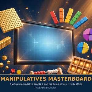 May include: A digital display screen featuring a grid, surrounded by floating 3D math manipulatives including base-ten blocks, fraction circles, and counting rods. Text reads: MANIPULATIVES MASTERBOARD, 7 virtual manipulative boards + one-tap demo scripts • fully offline, ADSAStudioDesign.