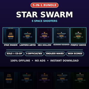 Peut inclure: Un pack 5-en-1 de jeux de tir spatial intitulé Star Swarm. Le pack comprend Star Swarm, Lantern Abyss, Hex Hollow, Gearwing Squadron et Firefly Grove. Il propose le mode solo et coop, 5 niveaux de difficulté, des vagues infinies et des scores.
