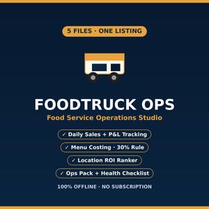 Planificador de negocios para food trucks, aplicación para operaciones de food trucks, calculadora de costos de menú, hoja de cálculo de pérdidas y ganancias para catering, inicio de restaurante