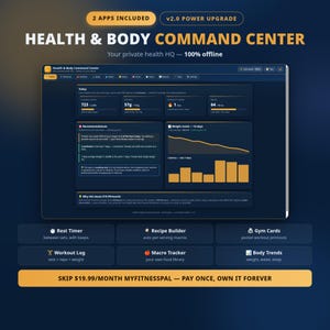 Könnte beinhalten: Ein digitales Dashboard mit dem Titel Health & Body Command Center mit dunkler Benutzeroberfläche, Datendiagrammen, Kalorienverfolgung und Trainingsprotokollen. Es enthält Bereiche für Pausentimer, Rezept-Builder und Makro-Tracking für die Gesundheitsüberwachung.
