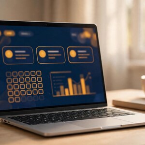 Op de afbeelding: Een zilveren laptop met een donkerblauw scherm waarop oranje grafische interface-elementen worden weergegeven, waaronder drie rechthoekige kaarten, een raster van vierkanten en een staafdiagram in een digitaal dashboard-ontwerp.