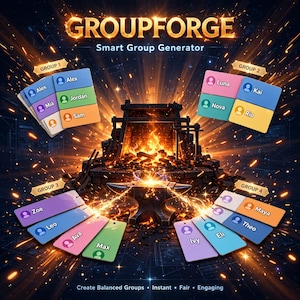 Może przedstawiać: Cyfrowa grafika z napisem GROUPFORGE Smart Group Generator przedstawiająca centralne kowadło i kuźnię z żarzącymi się węglami. Cztery grupy kolorowych, prostokątnych wizytówek z imionami są rozmieszczone wokół środka, prezentując różne imiona.
