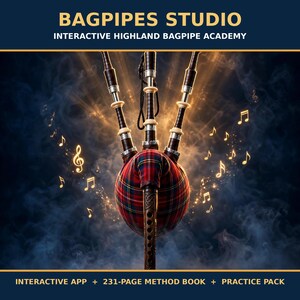 Könnte beinhalten: Schottischer Dudelsack mit rot-blauem Tartan-Sack, dunklen Holzdrohnen und silbernen Zwingen, umgeben von leuchtenden Musiknoten und Rauch. Text: BAGPIPES STUDIO INTERACTIVE HIGHLAND BAGPIPE ACADEMY INTERACTIVE APP + 231-PAGE METHOD BOOK + PRACTICE PACK.