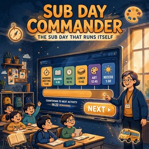 May include: A classroom scene featuring a digital display titled SUB DAY COMMANDER THE SUB DAY THAT RUNS ITSELF. The screen shows a daily schedule with icons for morning meeting, reading, math, lunch, art, and recess, plus a countdown timer.