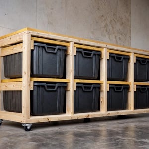 May include: A wooden storage unit with eight black plastic bins. The unit is constructed from light-colored wood and has a yellow top and supports. It is mounted on small caster wheels for mobility. The bins are evenly spaced.