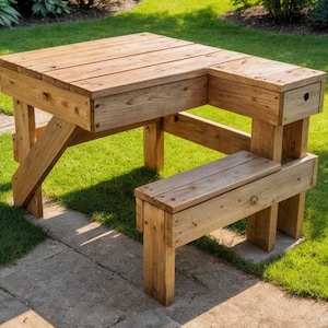 May include: A wooden outdoor table and bench set. The table has a unique L-shape design with a built-in bench. The set is constructed from light-colored wood and is placed on a concrete patio with a grassy background. The table measures approximately 48 inches long.