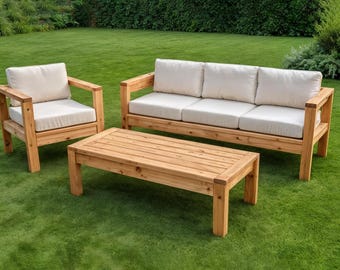 DIY Outdoor Sofa Set Holzbearbeitungspläne, 3-teiliger Terrassenmöbel Bauplan, moderner Gartenstuhl & Couchtisch-Leitfaden, sofortiger PDF-Download