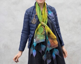 handmade multicolor silk scarf, Felted Silk Scarf, Nuno Felted Scarf, hand painted scarf, boho scarf, infinity scarf for women