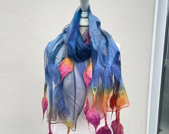 handmade multicolor silk scarf, Felted Silk Scarf, Nuno Felted Scarf, hand painted scarf, boho scarf, infinity scarf for women