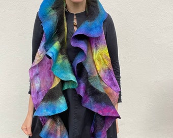 Silk Felt Scarf, gift for her, Art Scarf, Unusual Scarf, Woolen Scarf, Rainbow Scarf, Knitwear Scarf, Quirky Scarf, Handdyed Scarf