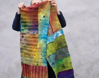 Silk Felt Scarf, Hand Painted Scarf, Handmade Gift, Scarf For Grandma, Silk Scarf, Rainbow Scarf, Scarf for Mum, Nature Inspired, Gift Scarf