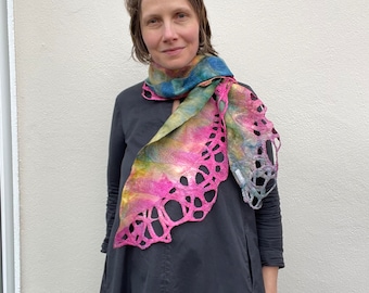 Silk Scarf, Small Scarf, Short Scarf, Handmade Gift, Felted Scarf, HandPainted Scarf, Hand Dyed Scarf, Scarf for Grandma