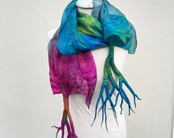 handmade scarf, felted scarf, felt scarf, rainbow scarf gift, sister gift, mother gift, grandmother gift, beautiful scarf, nature inspired