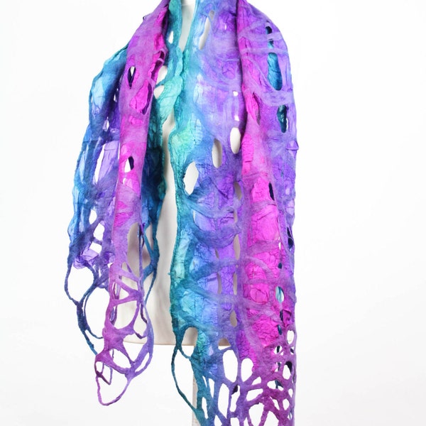 REDUCED Felted scarf with lace unusual delicate unique violet purple and troquoise green