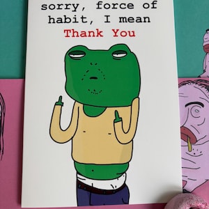 Lustige Froschkarte. Fluchende und unhöfliche Erwachsenenkarte. Innenseite Bonusdruck auch! Dazu gratis passender Vinyl-Sticker. Danke oder f you. Schräg und witzig