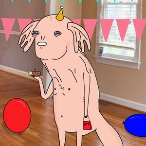 May include: A pink, hairless, cartoon-style creature with large ears and blue eyes wears a small yellow party hat. It holds a tiny brown cake with a candle in one hand and a small red gift bag labelled GIFT in the other, surrounded by balloons.