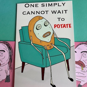 Tarjeta de felicitación de un hombre patata relajado, de cumpleaños, de San Valentín, del día de la madre, del día del padre. Tarjeta rara con un hombre patata de dibujos animados de 13 x 19 cm