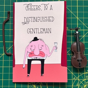 Tarjeta de caballero elegante. Diseño divertido y kawaii con champán. Pez globo, caballero distinguido. Impresa a mano en cartulina mate premium de 300 g/m².