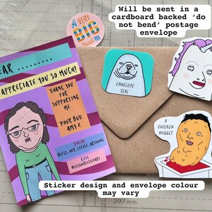 May include: A thank you card featuring a cartoon illustration of a person with brown hair and glasses, alongside three stickers: a round 'A Very Big Thank You' sticker, a square seal with a seal illustration, a unicorn, and a chicken nugget.