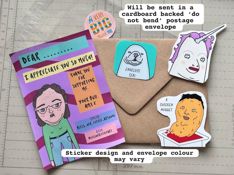 May include: A thank you card featuring a cartoon illustration of a person with brown hair and glasses, alongside three stickers: a round 'A Very Big Thank You' sticker, a square seal with a seal illustration, a unicorn, and a chicken nugget.