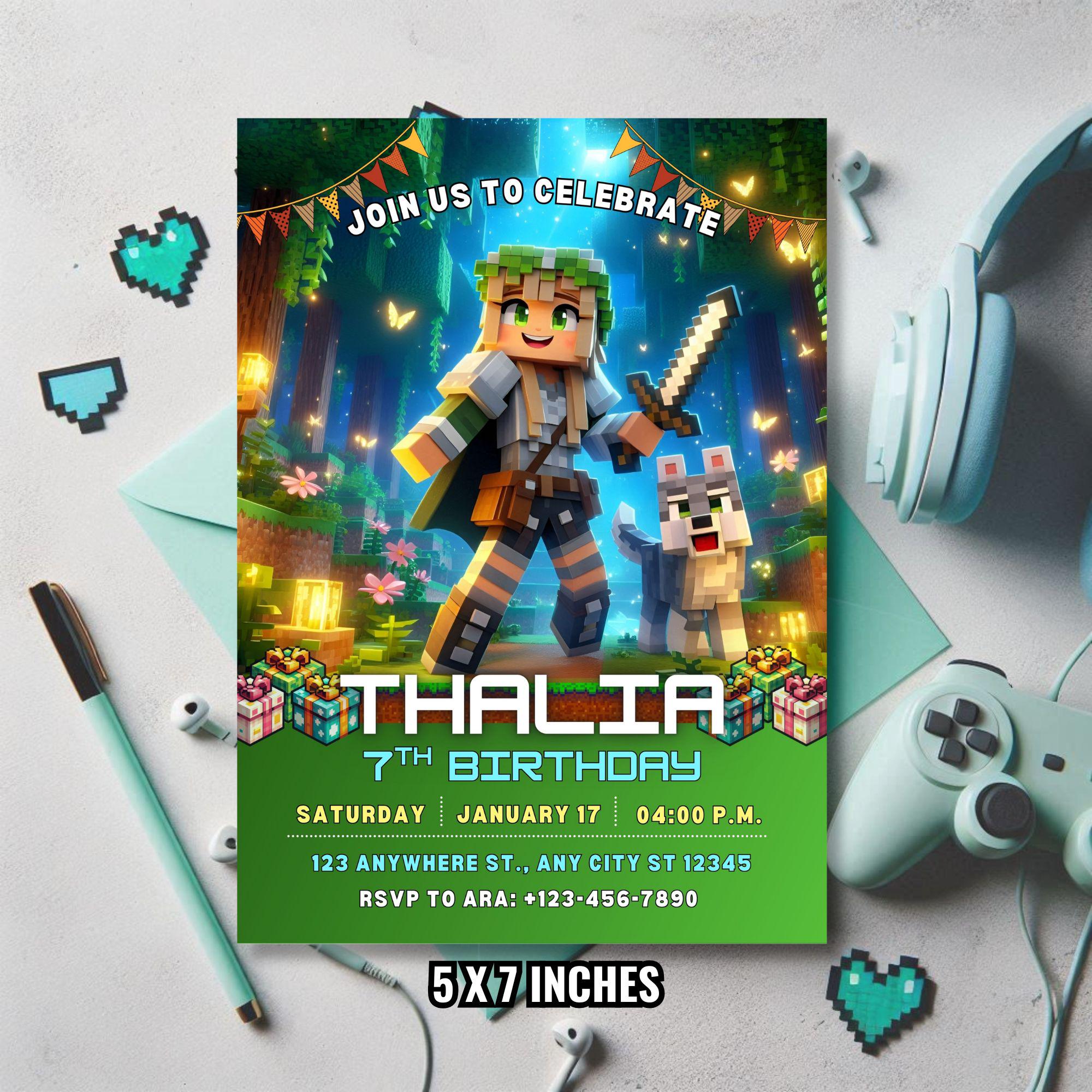 Editable Minecrafter Girl Invite – Canva Digital Download