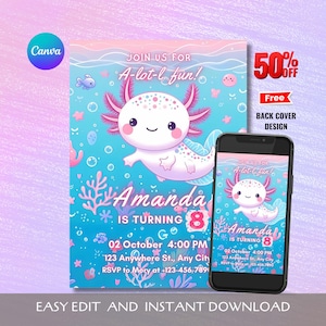 Convite de aniversário adorável de axolote para festa submarina - convite de menina personalizável, modelo editável, muito divertido