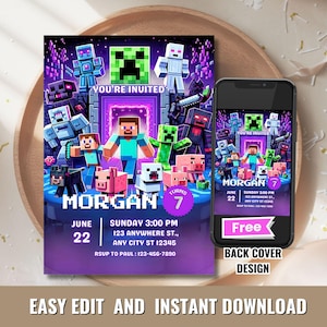 Invito di compleanno Minecraft modificabile, invito per festa di compleanno per bambini, invito per festa di compleanno per bambini, invito per festa di gamer, download digitale istantaneo