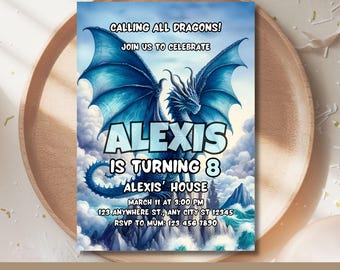 Invitación de cumpleaños de dragón azul, plantilla editable para fiestas de fantasía infantiles, descarga digital.