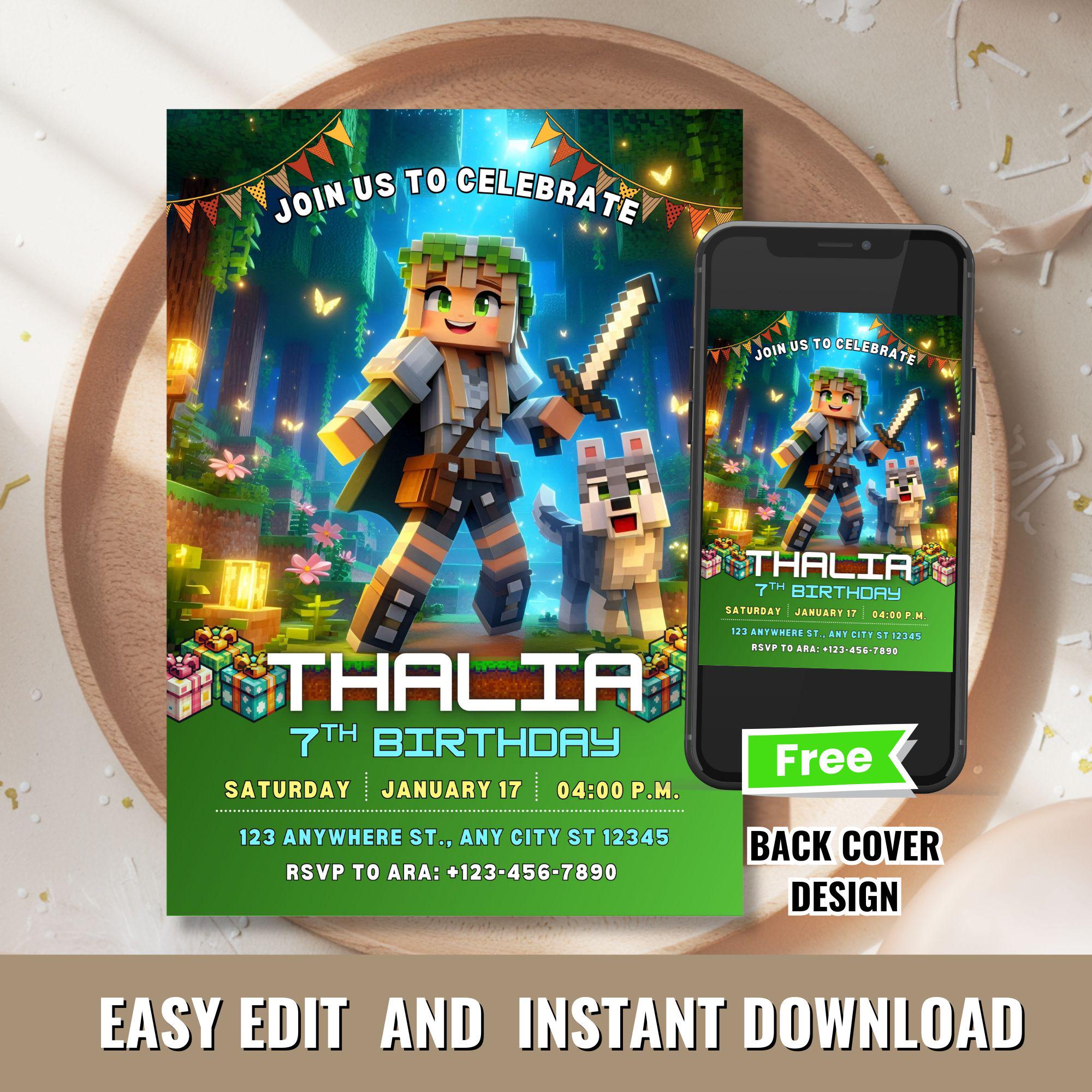Editable Minecrafter Girl Invite – Canva Digital Download