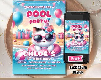 Cat Pool Party 5th Birthday Invitation, Editable Template (Digital Download)