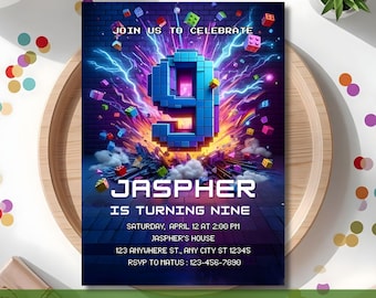 May include: A digital birthday invitation with a blue pixelated number 9, the name "JASPER", and event details. The invitation features a vibrant design with lightning bolts and floating pixelated cubes. Text at the bottom reads "EASY EDIT AND INSTANT DOWNLOAD".