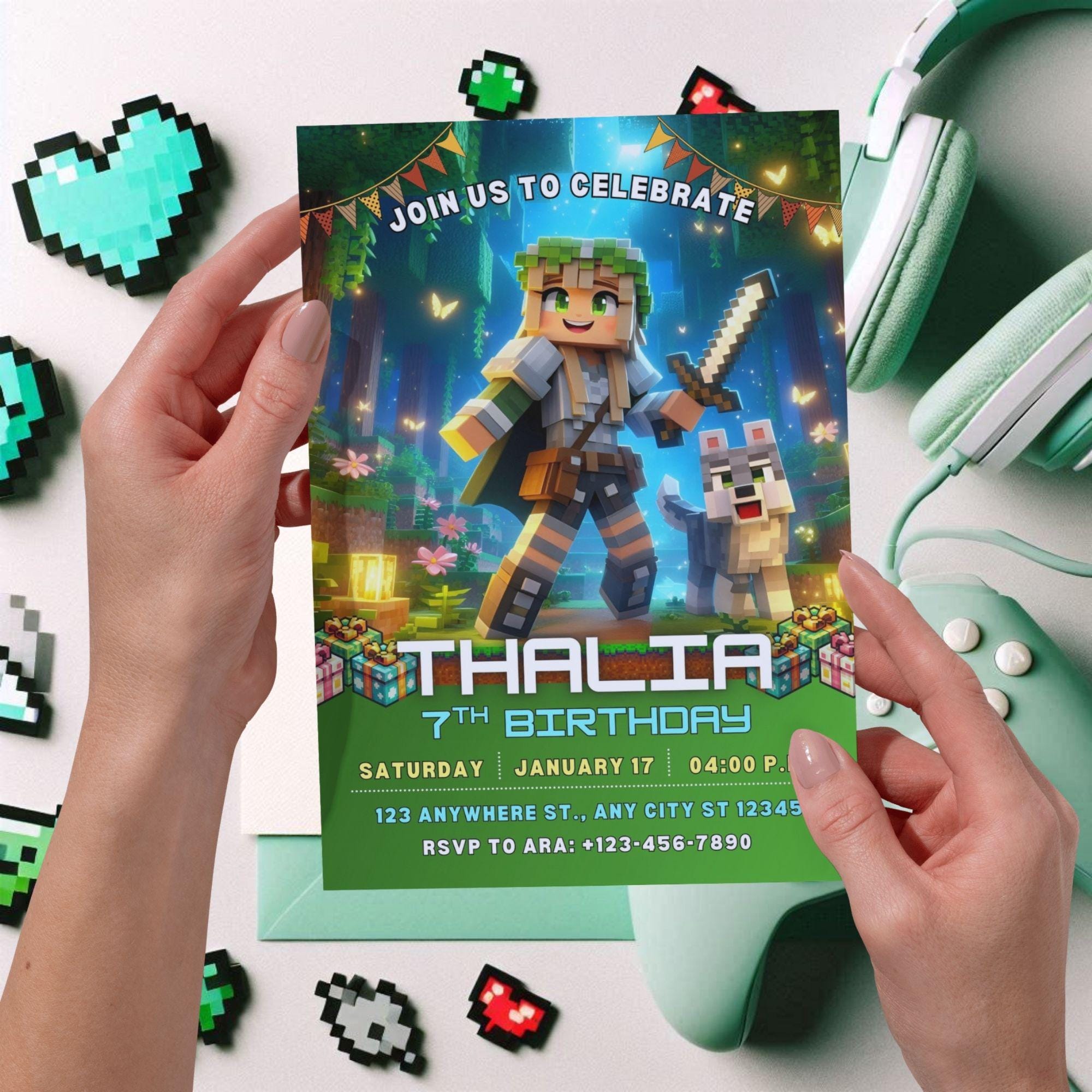 Editable Minecrafter Girl Invite – Canva Digital Download