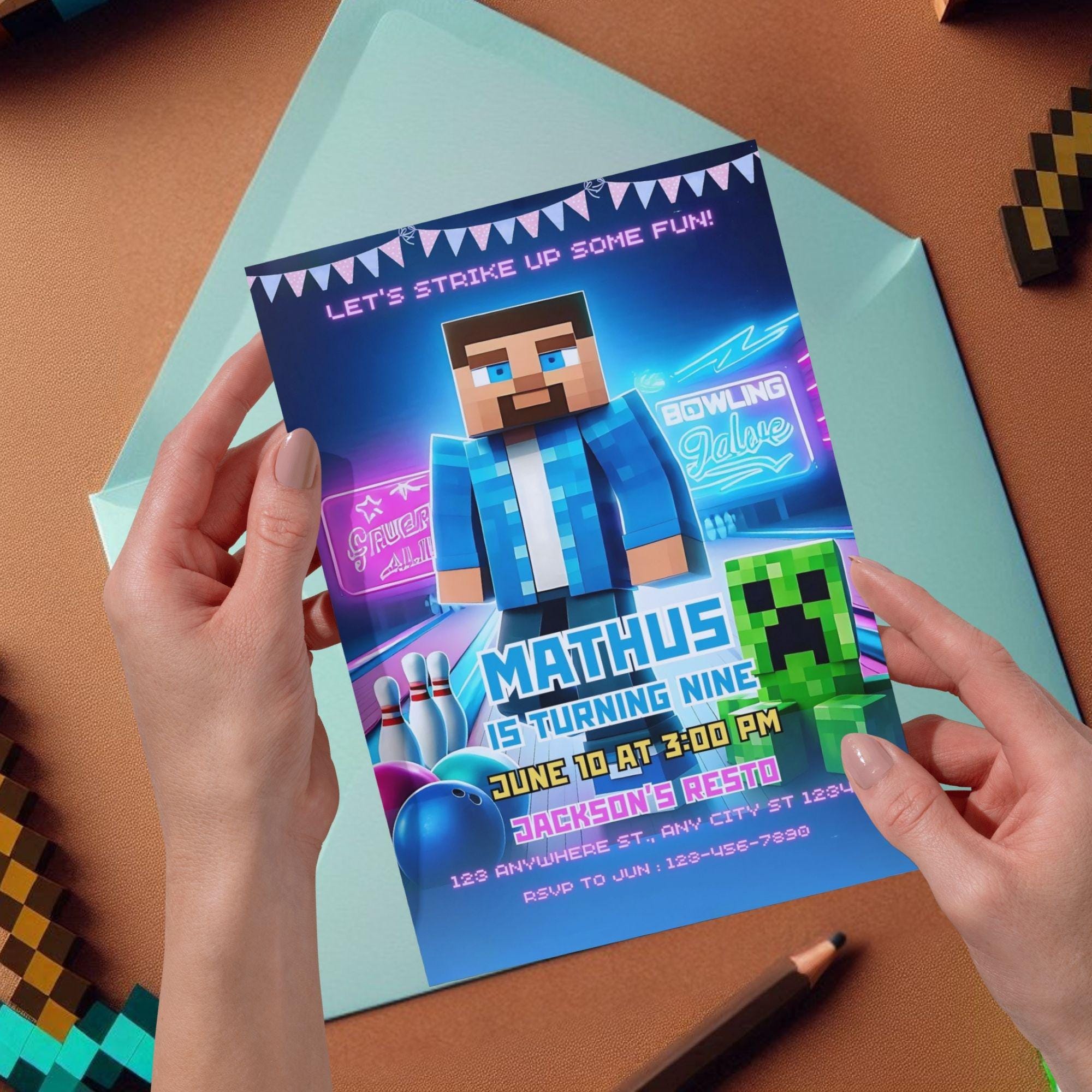 Bowling Minecraft Birthday Invitation