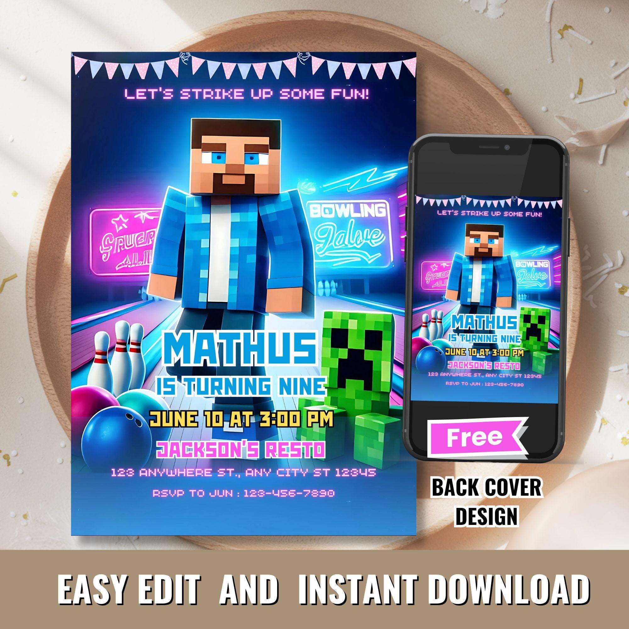 Bowling Minecraft Birthday Invitation