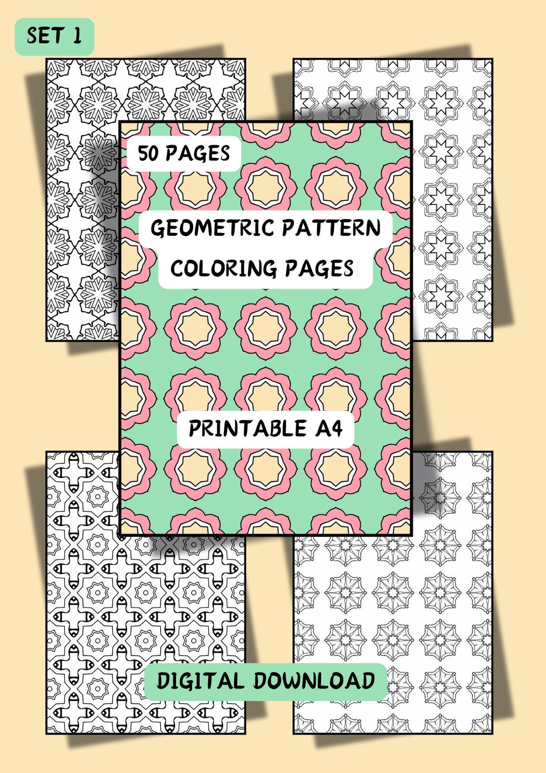 50 Pages of Geometric Pattern Coloring Pages, Printable A4, Digital ...