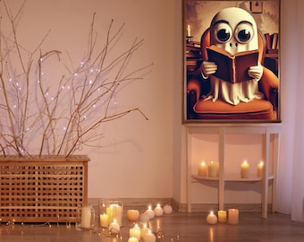 May include: A white ghost with large eyes reading a book in a brown armchair. The ghost is in a framed picture on a white shelf with candles on the shelf below. The picture is in a room with a wooden latticework box and a branch with white lights.