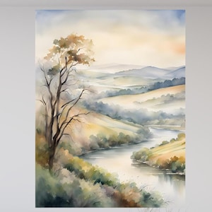 Watercolor Stream Landscape , Watercolor River Landscape , Natural Spring Art , Modern Home Decor , Watercolor Abstract Wall Art