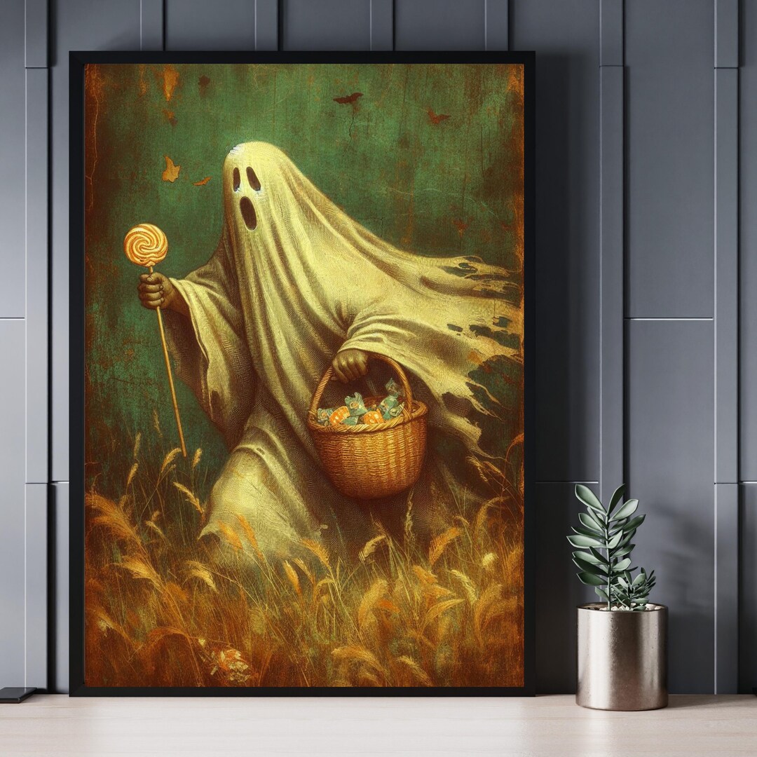 Vintage Halloween Ghost Art Print: Candy Collecting Spooky Decor ...