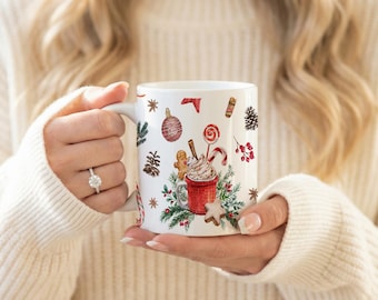 Hand-Painted Christmas Hot Cocoa Mug | Candy Cane Gingerbread Coffee Cup (11 oz)