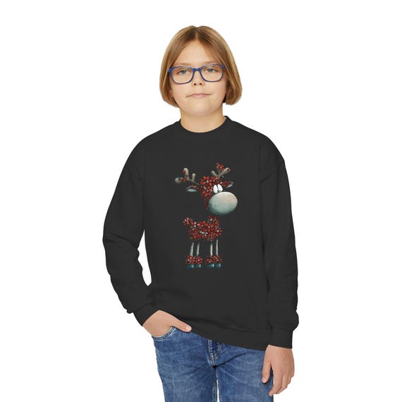 Reindeer Floral Illustration Youth Crewneck Sweatshirt | Snowman Winter Scene