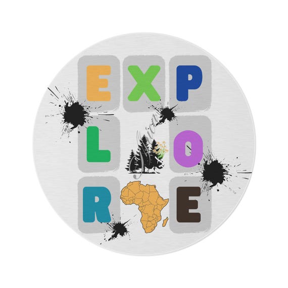 Explore Letter Blocks Round Rug | Africa Map, Trees, Adventure Nursery Decor