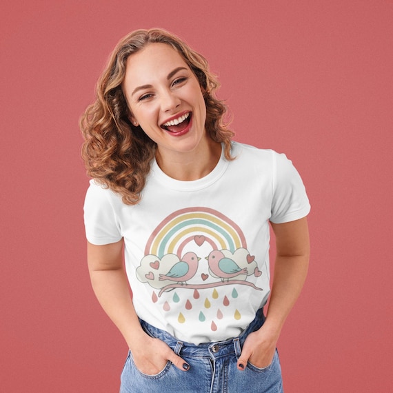 Whimsical Bird Rainbow T-Shirt, Boho Nature Graphic Tee, Soft Vintage Heart Cloud Shirt, Aesthetic Cottagecore Top, Comfort Cotton Gift Tee