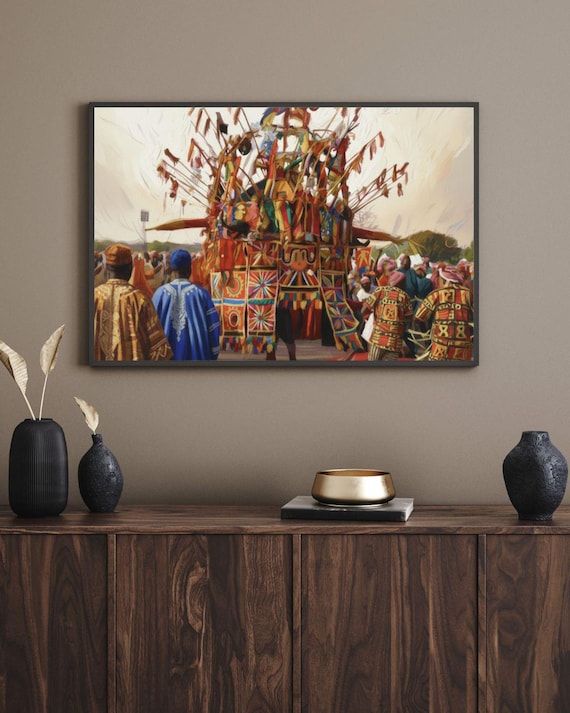 Large African Wall Art, Igbo Ijele Masquerade Poster, Nigeria Cultural Heritage Decor Oversized Tribal Digital Print, African King Art Print