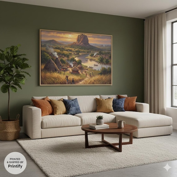 Ancestral African Wall Art, Tribal Landscape Poster, Warm Earth Tones Decor, Ethnic Heritage Home Decor.