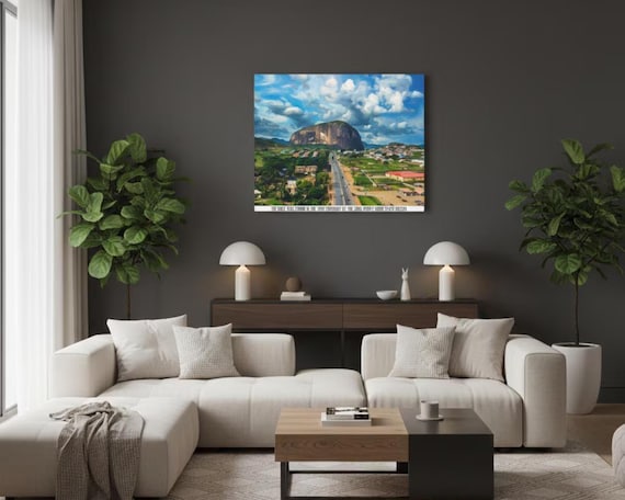 Zuma Rock Canvas Wall Art – Nigerian Landmark Landscape Print – Abuja Travel Decor – Vibrant Stretched Canvas Artwork – Ready to Hang