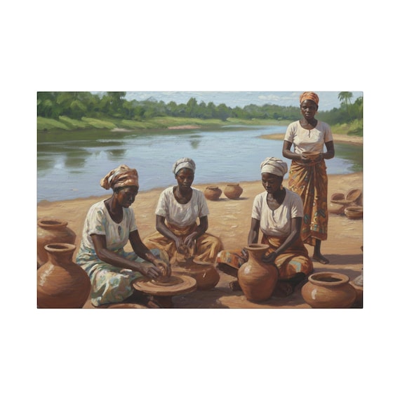 African Pottery Wall Art, Physical Canvas Print, Cultural Home Decor, Black Women Painting, Large Riverbank Art, Traditional Heritage Poster