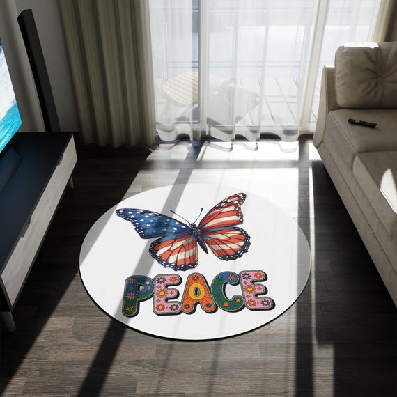 American Flag Butterfly Peace Round Rug | Patriotic Floral Retro Boho